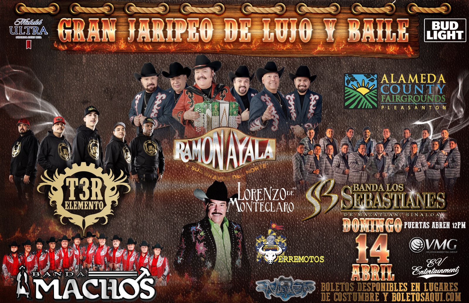 Gran jaripeo de lujo y baile con T3R Elemento, Ramon Ayala, Banda Los Sebastianes, Lorenzo de Monteclaro, Banda Machos y Banda Nueva Era – Terrenos de la Feria de Pleasanton, CA