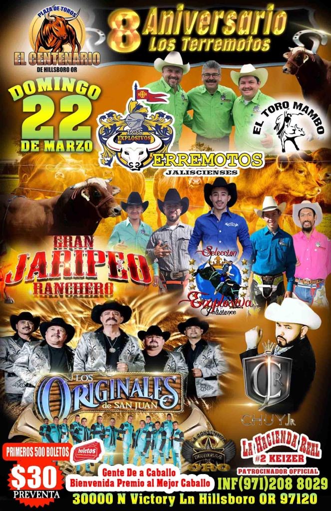 8 Aniversario de Los Terremotos con un Gran Jaripeo Ranchero con Los Originales de San Juan, Jinetes de Seleccion Explosiva Jalisciense, Chuy Jr. y La Consentida Estrella de Oro – Plaza de Toros el Centenario, de Hillsboro, OR