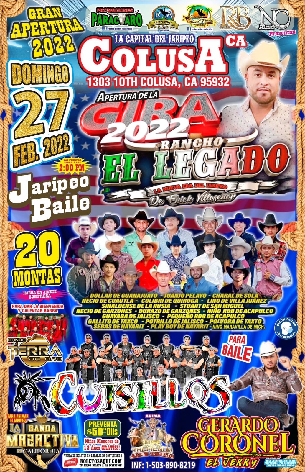 Gran Jaripeo Baile con Banda Cuisillos, Banda Tierra de Oro, La Banda Mazactiva y Gerardo Coronel. Rancho el Legado. - La Capital del Jaripeo - Colusa, CA